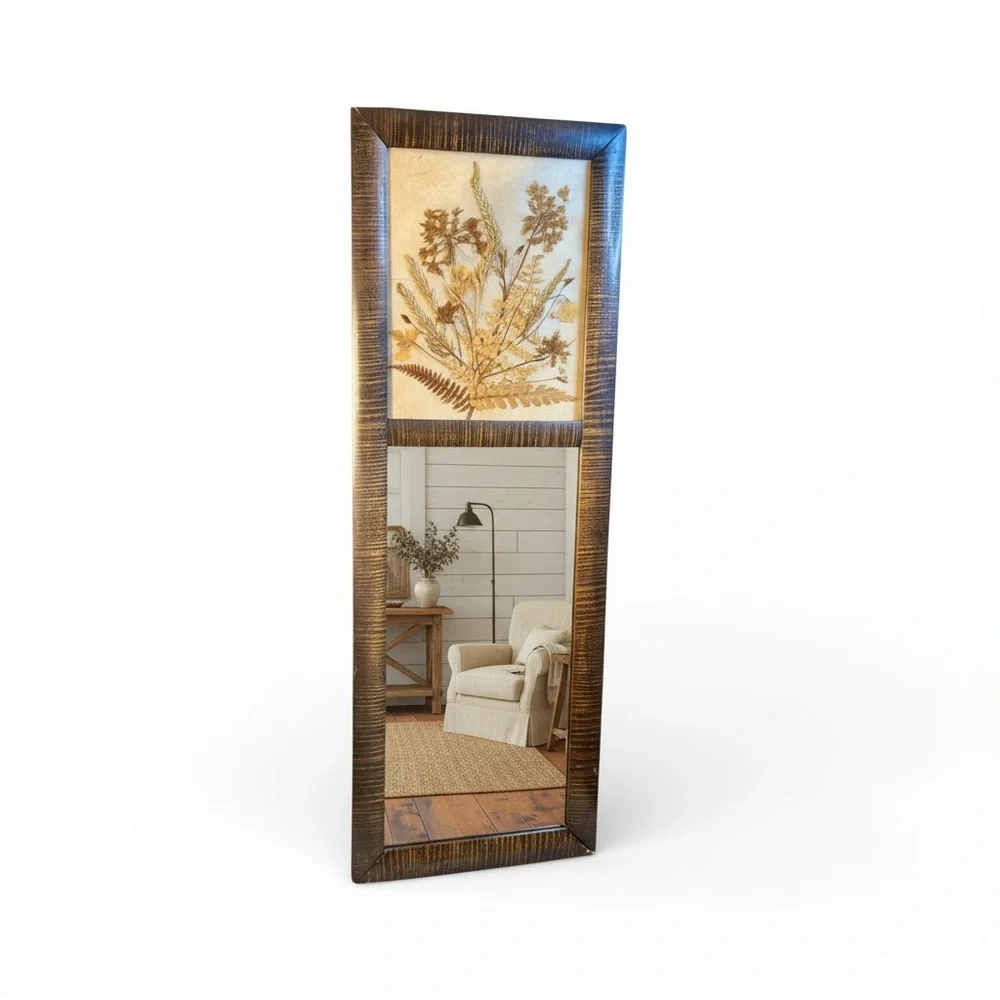 Rare Vintage Dried Pressed Botanical Floral 70s Boho Farmhouse Beveled Mirror